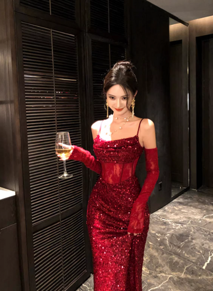 Chic Burgundy Prom Dress Sequins Sheath Spaghetti Straps Evening Dress Sleeveless Birthday Dress DP05222