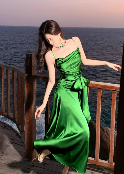 Chic Green Prom Dress Satin A-Line Spaghetti Straps Evening Dress Sleeveless Birthday Dress DP05227