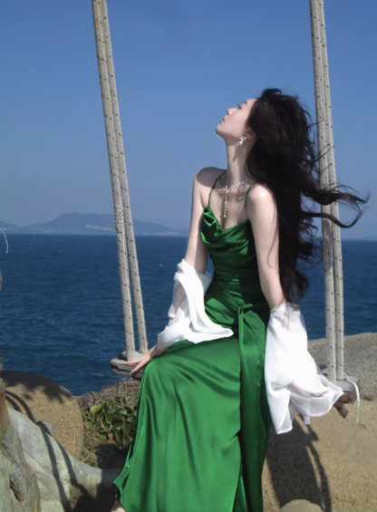 Chic Green Prom Dress Satin A-Line Spaghetti Straps Evening Dress Sleeveless Birthday Dress DP05227