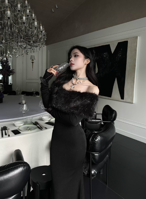 Chic Black Prom Dress Satin Mermaid Off-shoulder Evening Dress Sleeves Birthday Dress DP05228