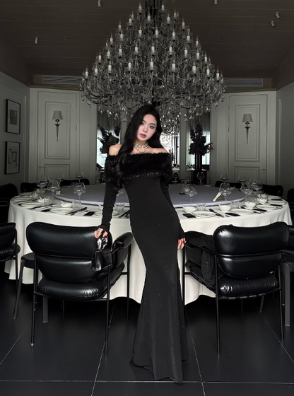 Chic Black Prom Dress Satin Mermaid Off-shoulder Evening Dress Sleeves Birthday Dress DP05228