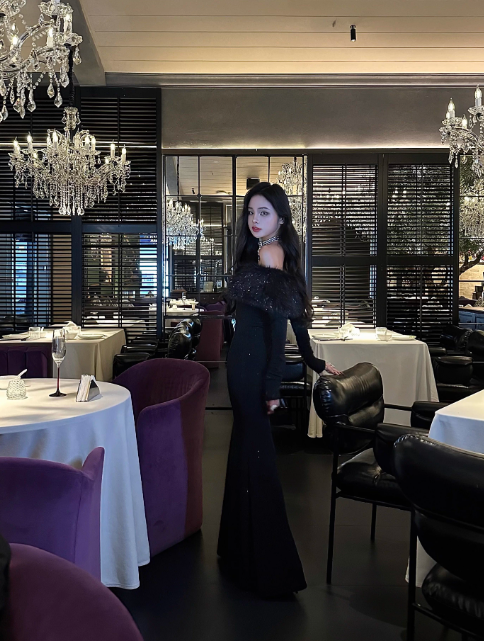 Chic Black Prom Dress Satin Mermaid Off-shoulder Evening Dress Sleeves Birthday Dress DP05228