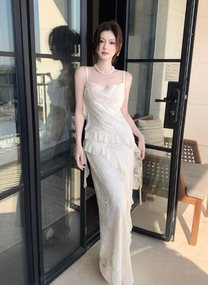 Chic Apricot Prom Dress Lace Sequins Sheath Spaghetti Straps Evening Dress Sleeveless Birthday Dress DP05229