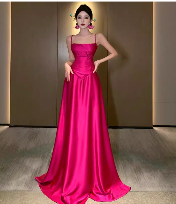 Chic Hot Pink Prom Dress Satin Sheath Spaghetti Straps Evening Dress Sleeveless Birthday Dress DP05230