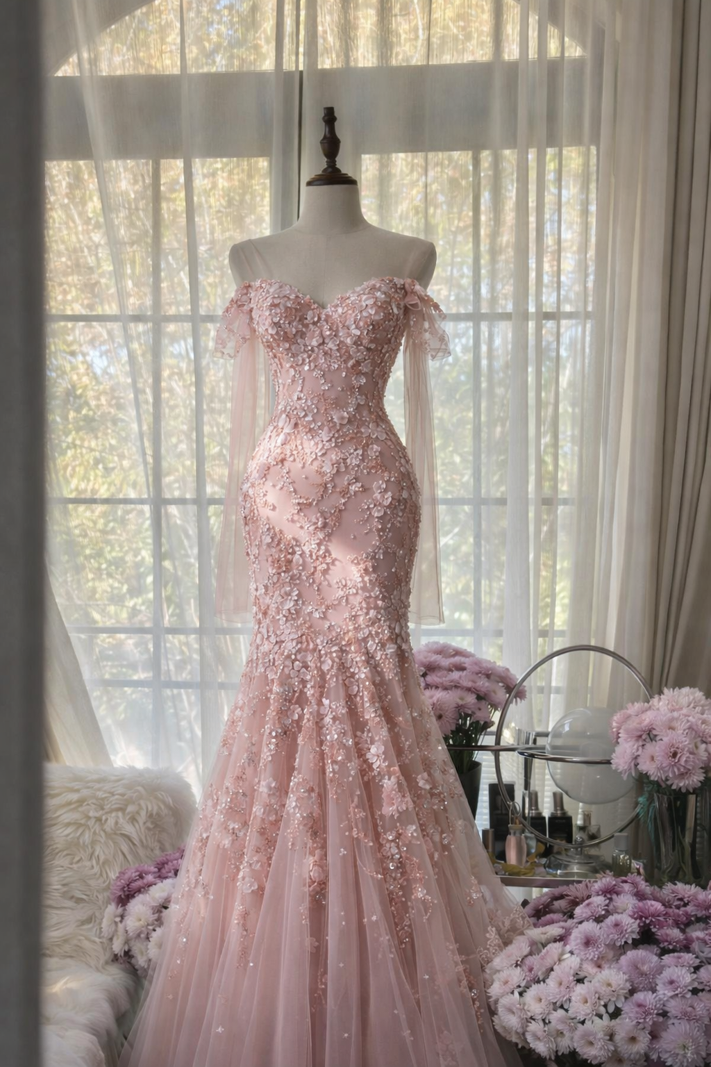 Classy Pink Prom Dress Tulle Beaded Off-shoulder Mermaid Evening Dress Sleeveless Birthday Dress DP05233
