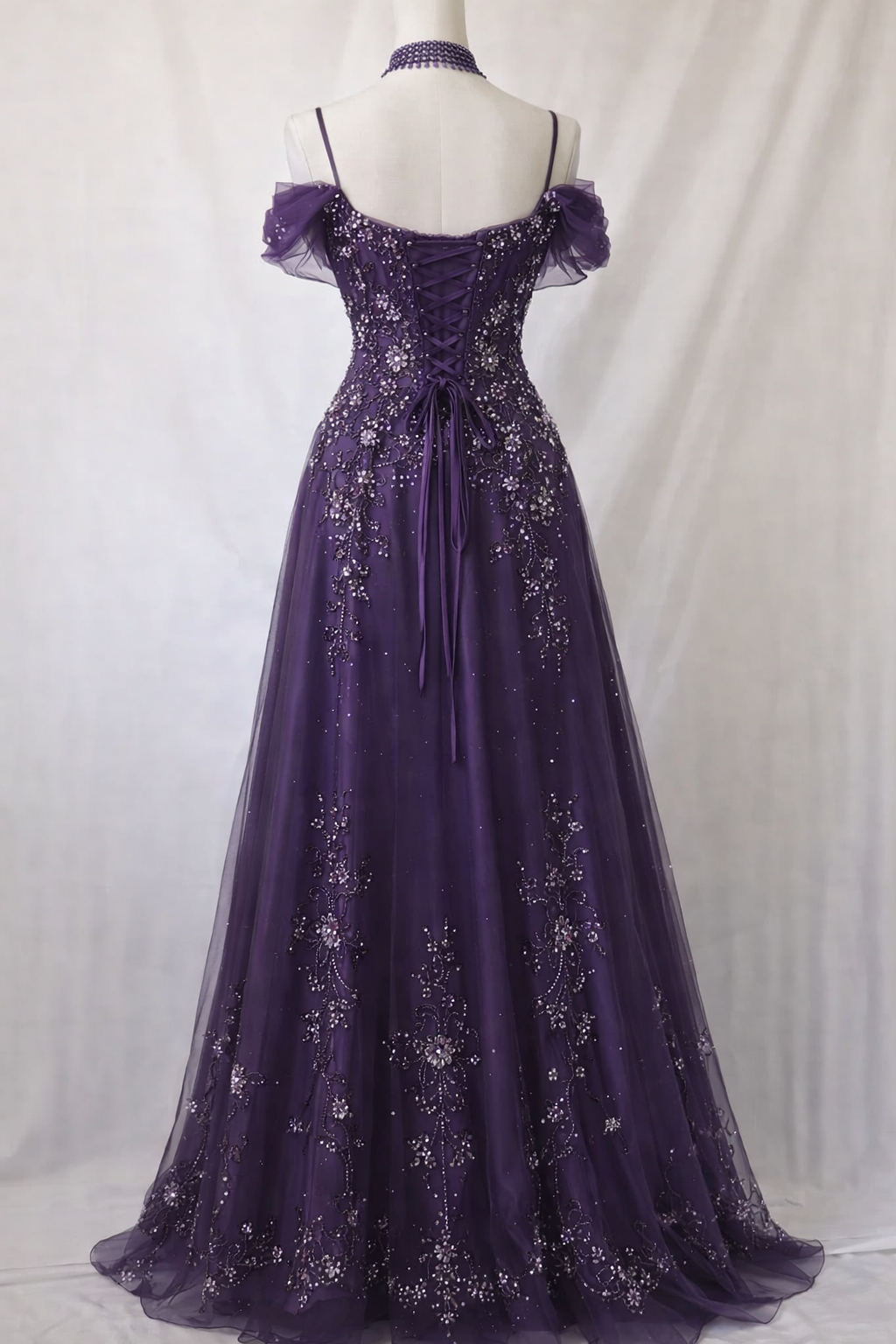 Classy Purple Prom Dress Chiffon Beaded Off-shoulder A-Line Evening Dress Sleeveless Birthday Dress DP05234