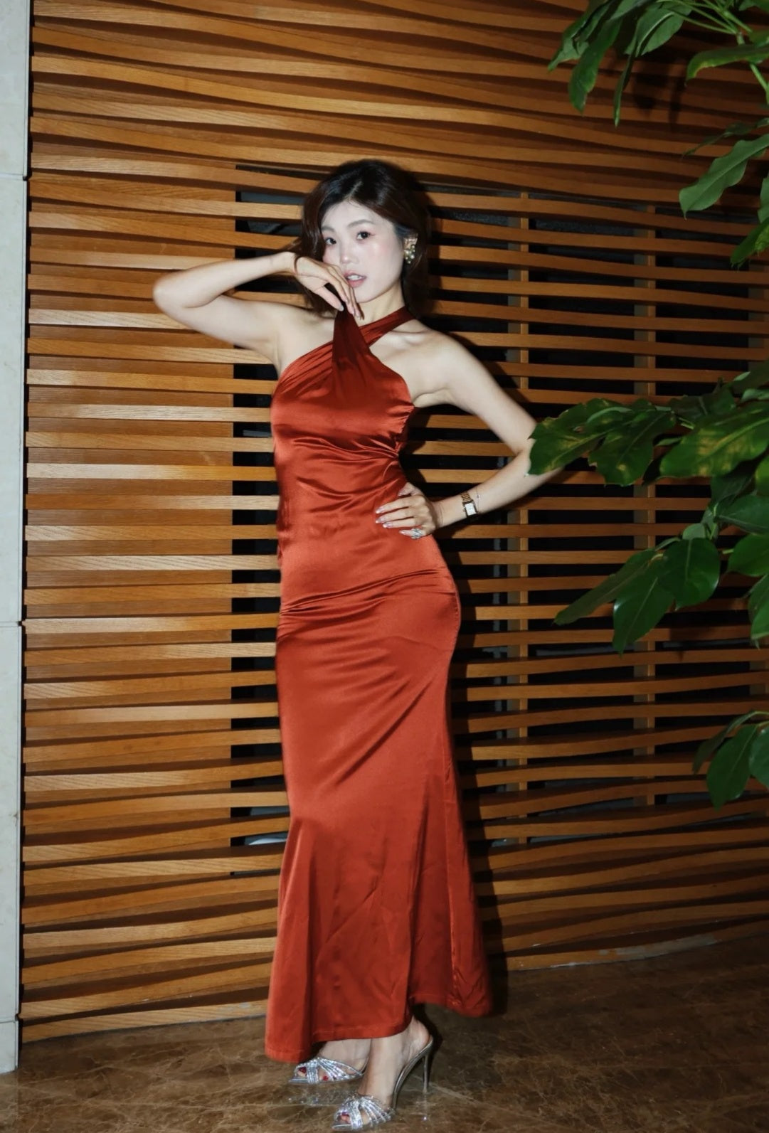 Classy Burgundy Prom Dress Satin Halter Sheath Evening Dress Sleeveless Birthday Dress DP05239