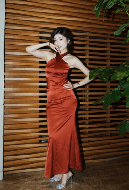 Classy Burgundy Prom Dress Satin Halter Sheath Evening Dress Sleeveless Birthday Dress DP05239