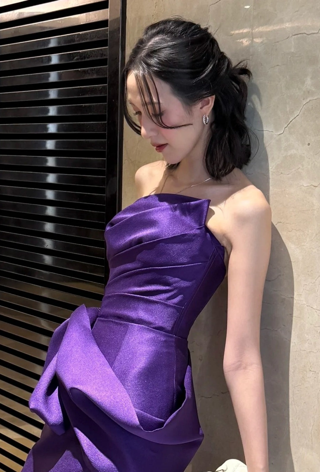Classy Purple Bridesmaid Dress Satin Strapless Sheath Evening Dress Sleeveless Birthday Dress DP05239