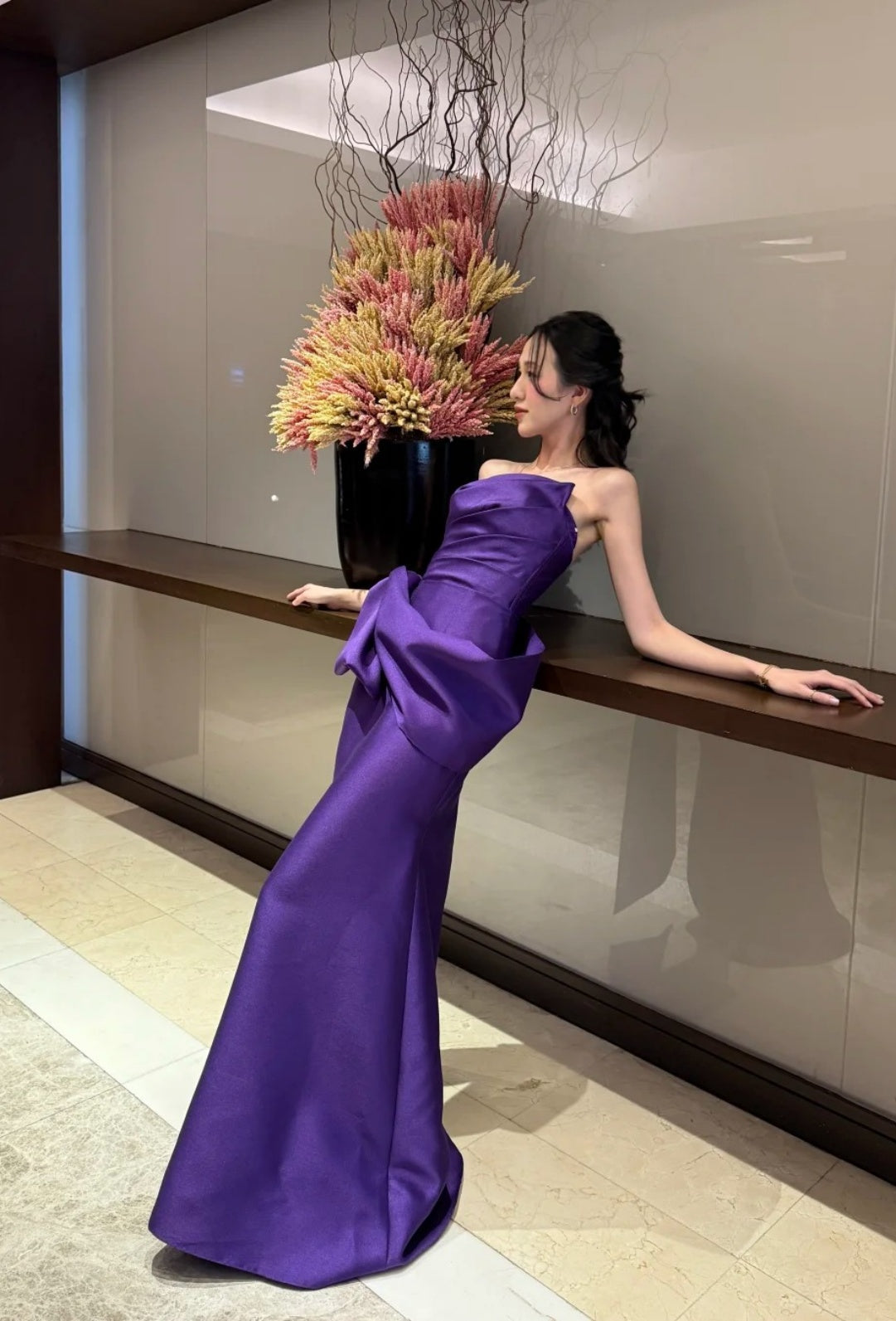 Classy Purple Bridesmaid Dress Satin Strapless Sheath Evening Dress Sleeveless Birthday Dress DP05239