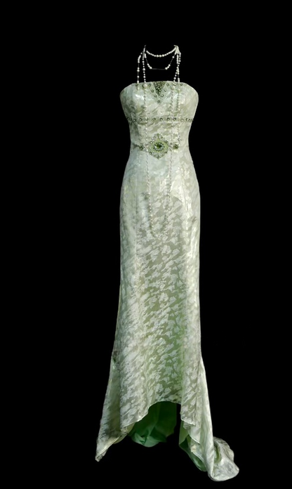 Chic Green Prom Dress Satin Strapless Sheath Evening Dress Sleeveless Birthday Dress DP05243