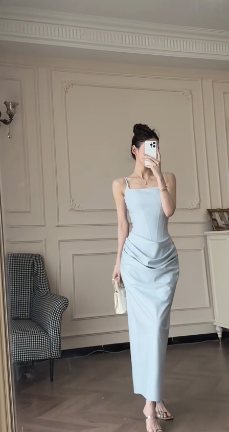 Chic Blue Prom Dress Satin Spaghetti Straps Sheath Evening Dress Sleeveless Birthday Dress DP05245