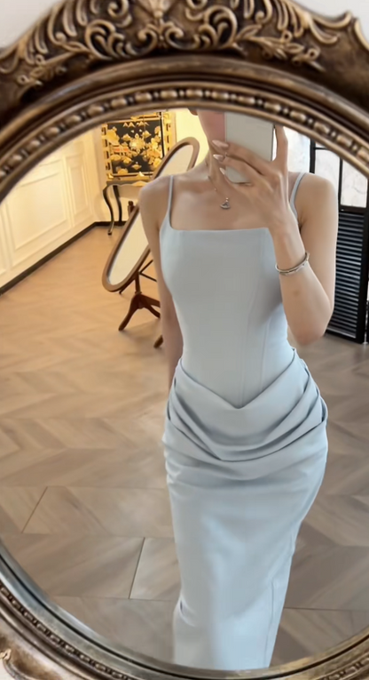 Chic Blue Prom Dress Satin Spaghetti Straps Sheath Evening Dress Sleeveless Birthday Dress DP05245