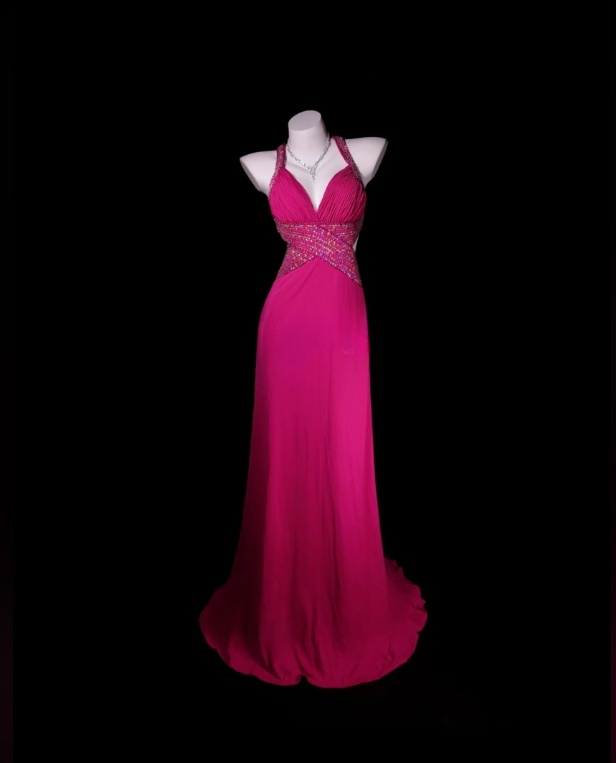 Chic Hot Pink Prom Dress Beaded Chiffon V-neck Sheath Evening Dress Sleeveless Birthday Dress DP05246