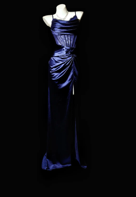 Chic Navy Blue Prom Dress Satin Spaghetti Straps Sheath Evening Dress Sleeveless Birthday Dress DP05247