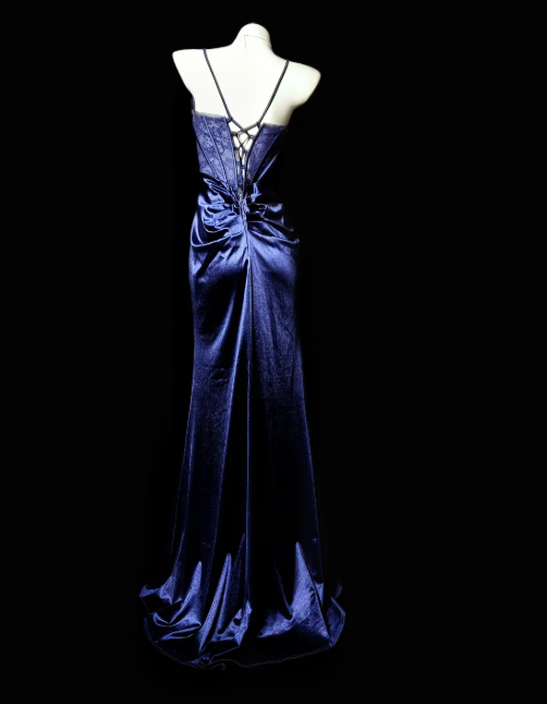 Chic Navy Blue Prom Dress Satin Spaghetti Straps Sheath Evening Dress Sleeveless Birthday Dress DP05247