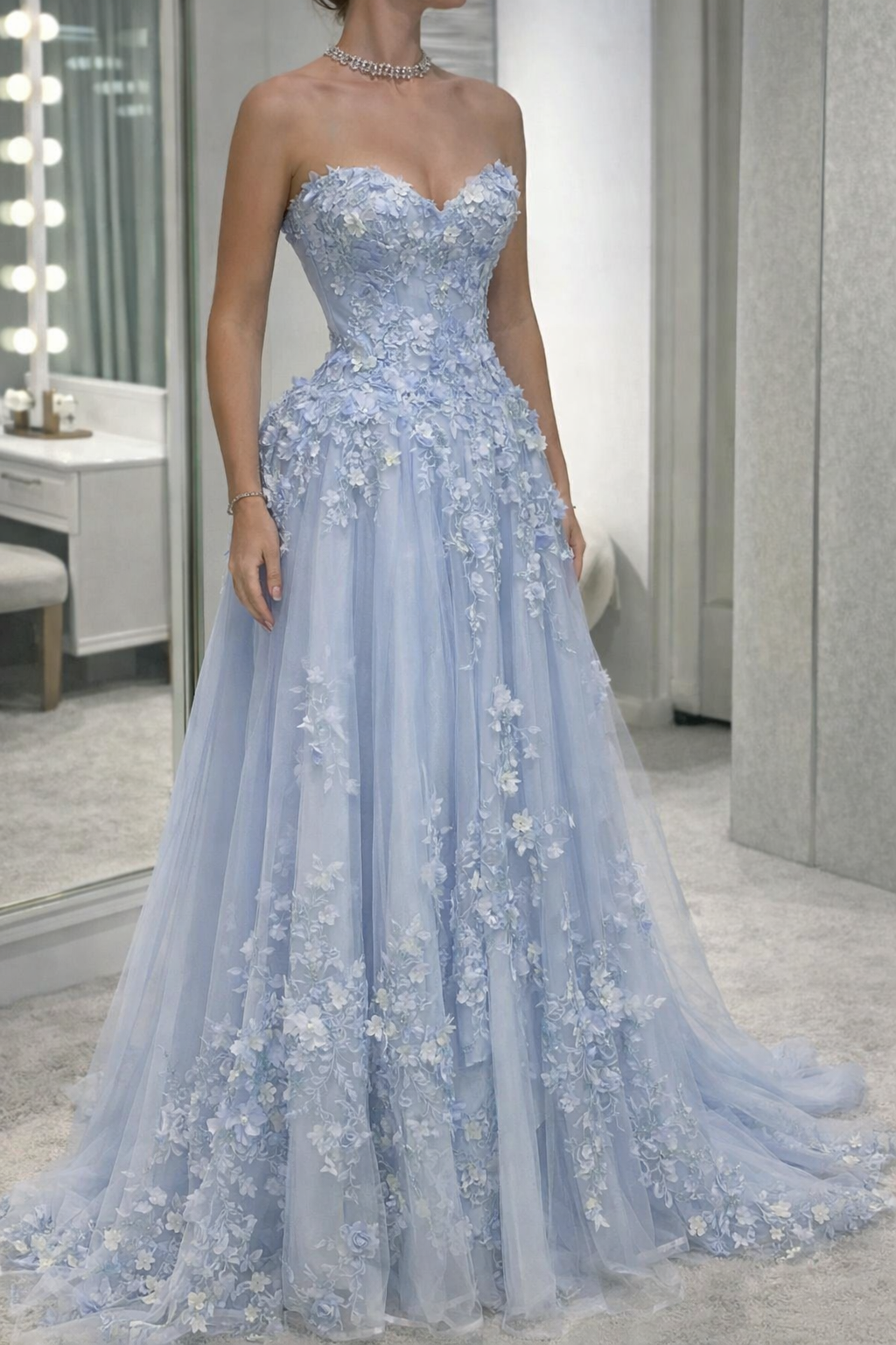 Elegant Blue Prom Dress Sweetheart Applique Tulle Evening A-Line Birthday Dress DP05256