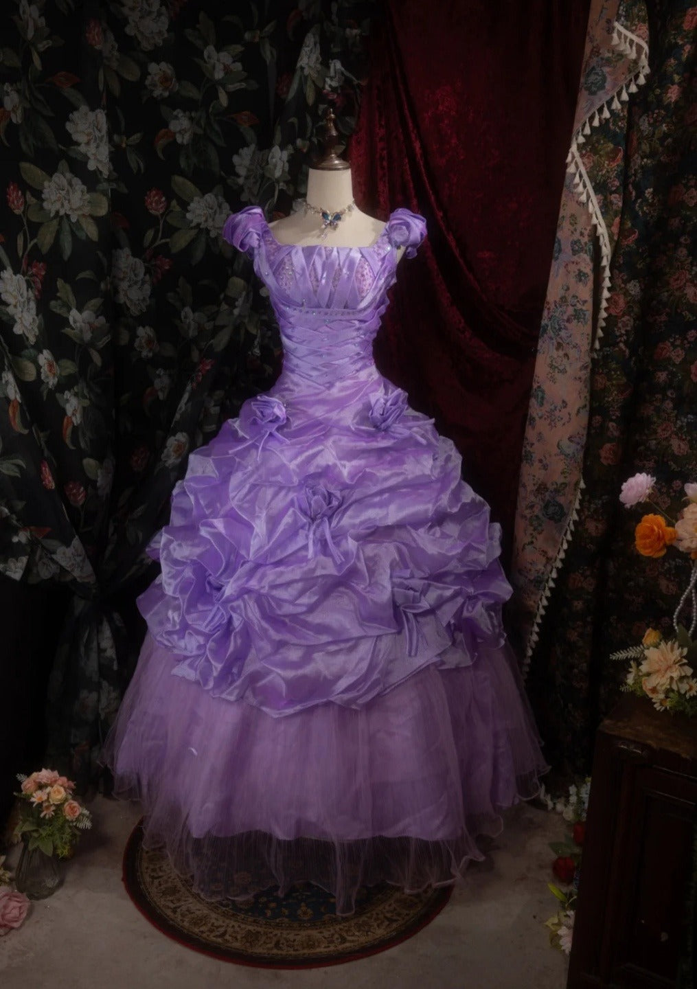 Vintage Purple Prom Dress Square Neck Tulle  A-Line Long Evening Dress DP05279