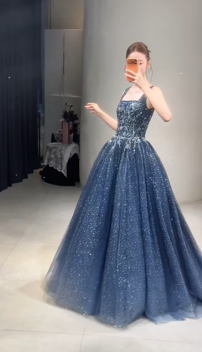 Chic Tulle Evening Dress Straps A-Line Beaded Formal Dress Sleeveless Blue Prom Dress DP05307