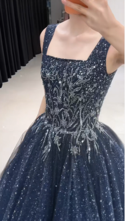 Chic Tulle Evening Dress Straps A-Line Beaded Formal Dress Sleeveless Blue Prom Dress DP05307
