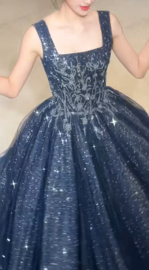 Chic Tulle Evening Dress Straps A-Line Beaded Formal Dress Sleeveless Blue Prom Dress DP05307