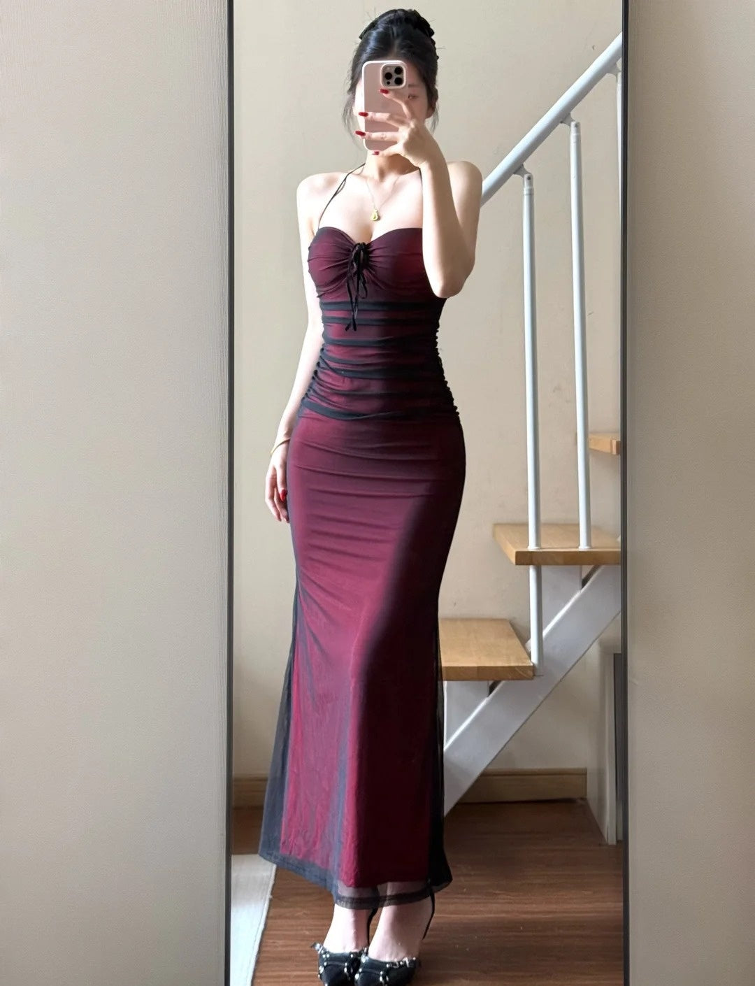 Sexy Sheath Long Evening Dress Spaghetti Straps Tulle Party Dress Red Prom Dress DP05337