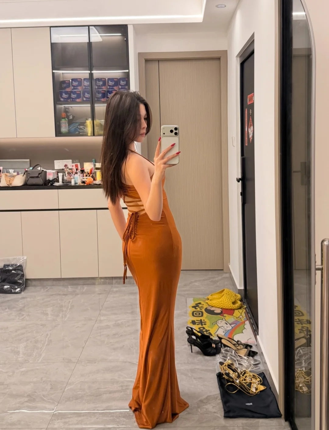 Sexy Sheath Long Evening Dress Spaghetti Straps Satin Party Dress Sleeveless Guest Dress DP05338