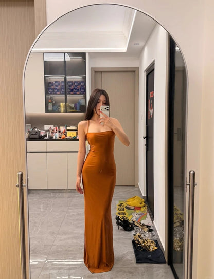 Sexy Sheath Long Evening Dress Spaghetti Straps Satin Party Dress Sleeveless Guest Dress DP05338