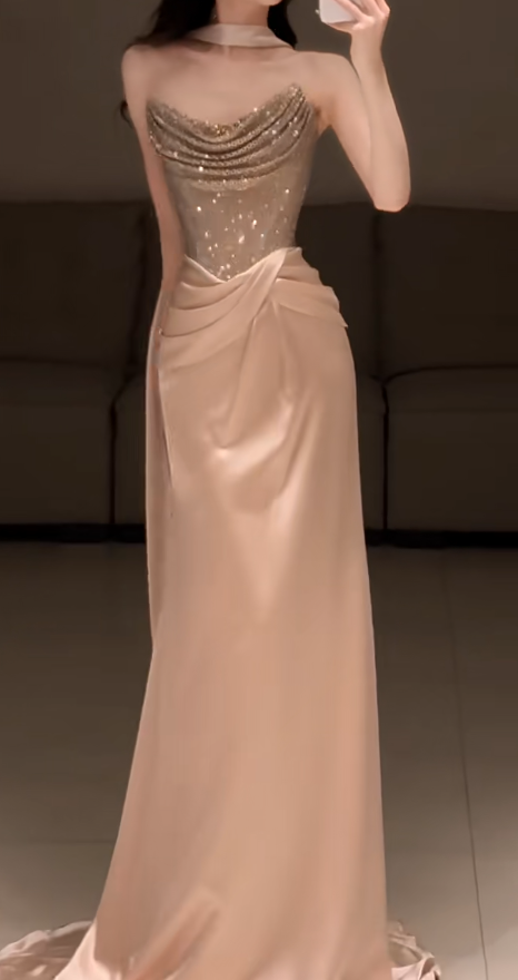 Chic Gold Evening Dress Strapless Sheath Tulle Long Prom Dress Sleeveless Birthday Dress DP05359