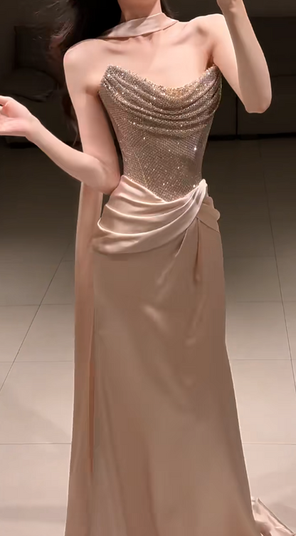 Chic Gold Evening Dress Strapless Sheath Tulle Long Prom Dress Sleeveless Birthday Dress DP05359