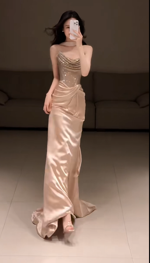Chic Gold Evening Dress Strapless Sheath Tulle Long Prom Dress Sleeveless Birthday Dress DP05359