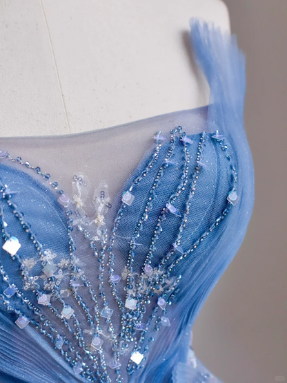 Elegant Glamour A line Strapless Blue Tulle Long Prom Dresses Party Dress Evening Dress DP1524