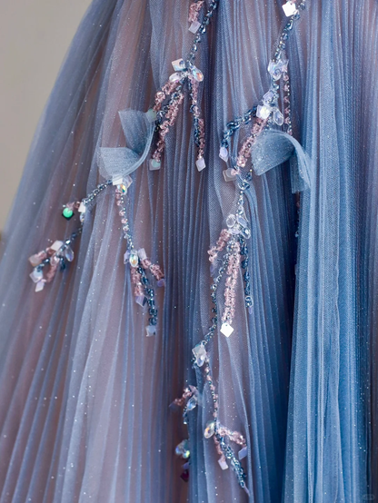 Elegant Glamour A line Strapless Blue Tulle Long Prom Dresses Party Dress Evening Dress DP1529