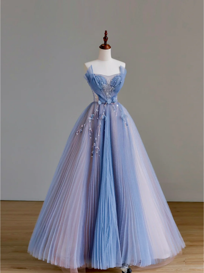 Elegant Glamour A line Strapless Blue Tulle Long Prom Dresses Party Dress Evening Dress DP1529
