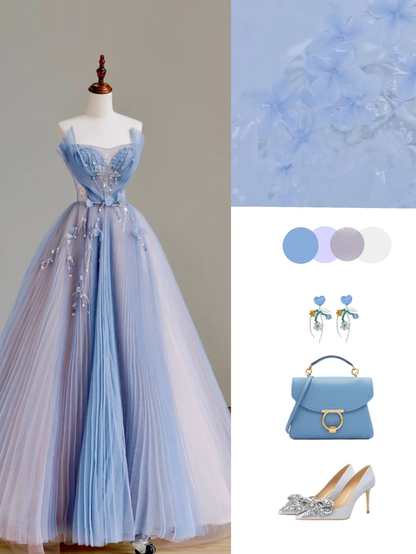 Elegant Glamour A line Strapless Blue Tulle Long Prom Dresses Party Dress Evening Dress DP1529