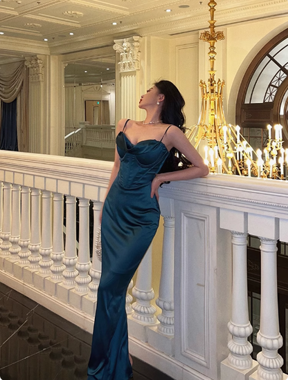 Elegant Glamour Mermaid Spaghetti Straps Blue Long Prom Dress Party Dress Evening Dresses DP1632