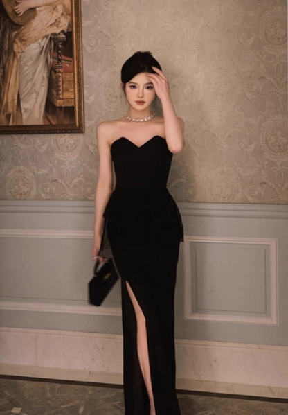 Modest Sheath Sweetheart Neck Long Evening Gown Black Formal Dress Elegant Birthday Dress DP2797