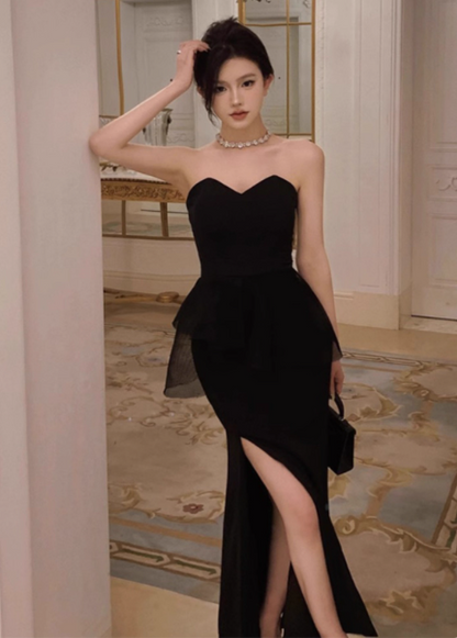 Modest Sheath Sweetheart Neck Long Evening Gown Black Formal Dress Elegant Birthday Dress DP2797