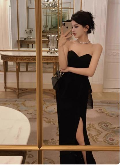 Modest Sheath Sweetheart Neck Long Evening Gown Black Formal Dress Elegant Birthday Dress DP2797