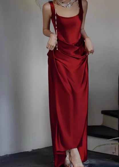 Modest Sheath Square Neck Long Evening Gown Burgundy Formal Dress Elegant Satin Prom Dress DP2800