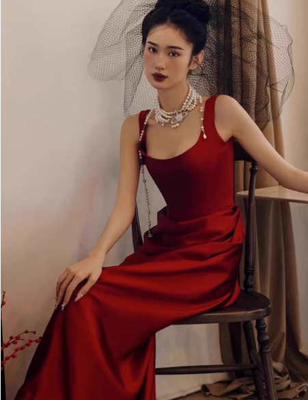 Modest Sheath Square Neck Long Evening Gown Burgundy Formal Dress Elegant Satin Prom Dress DP2800