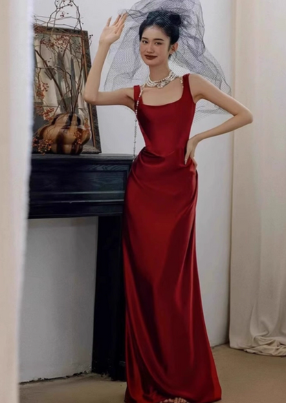 Modest Sheath Square Neck Long Evening Gown Burgundy Formal Dress Elegant Satin Prom Dress DP2800