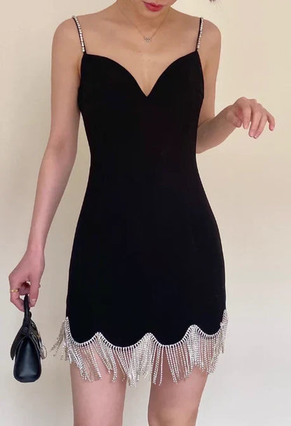 Vintage Black Sweetheart Tassel Spaghetti Strap Sheath Short Party Dress Cocktail Dress Homecoming Dress HZ1024