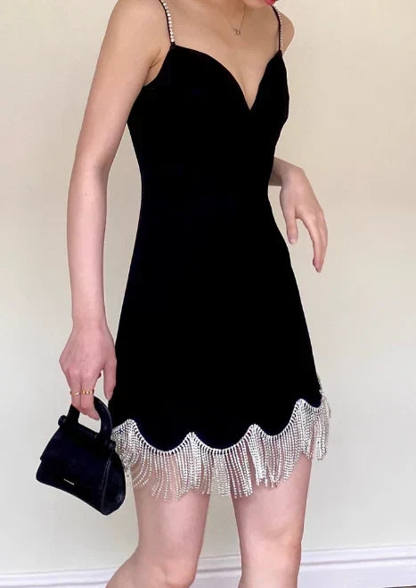 Vintage Black Sweetheart Tassel Spaghetti Strap Sheath Short Party Dress Cocktail Dress Homecoming Dress HZ1024