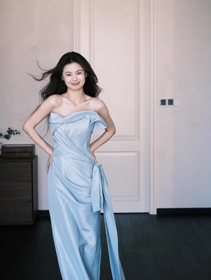 Elegant Blue Sheath Formal Evening Dress Satin Strap Birthday Dress Stunning Graduation Dress DP2836