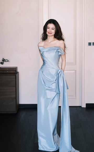 Elegant Blue Sheath Formal Evening Dress Satin Strap Birthday Dress Stunning Graduation Dress DP2836