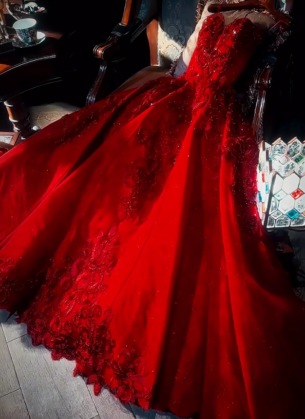 Elegant Red A-Line Long Prom Dress Spaghetti Straps Applique Satin Evening Dress Sweet 16 Dress DP2895