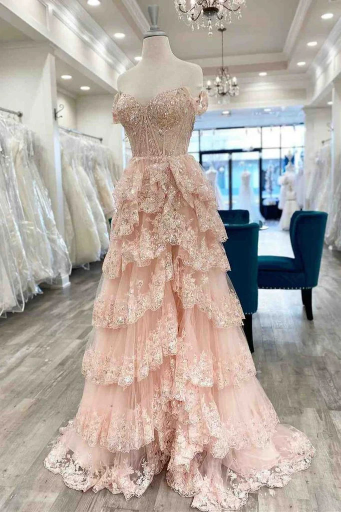 Pretty Off the Shoulder Black Tulle Appliques Off-the-Shoulder Ruffle Long Prom Dress Graduation Dress DP517