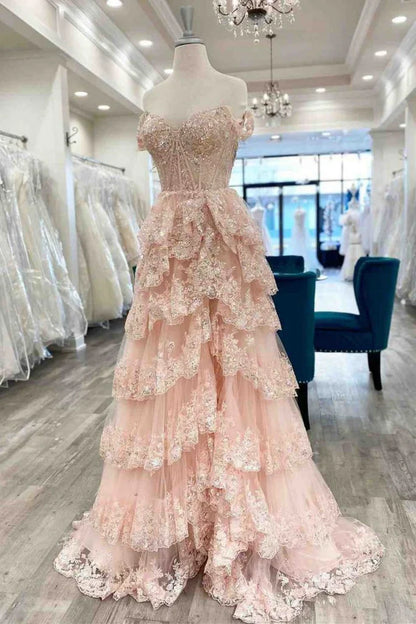Pretty Off the Shoulder Black Tulle Appliques Off-the-Shoulder Ruffle Long Prom Dress Graduation Dress DP517