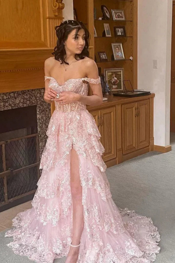 Pretty Off the Shoulder Black Tulle Appliques Off-the-Shoulder Ruffle Long Prom Dress Graduation Dress DP517
